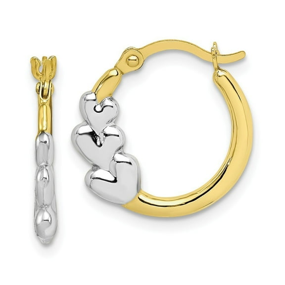 10k Yellow Gold and Rhodium And Hearts Hollow Hoop Earrings - Measures 16x16mm Wide 2mm Thick