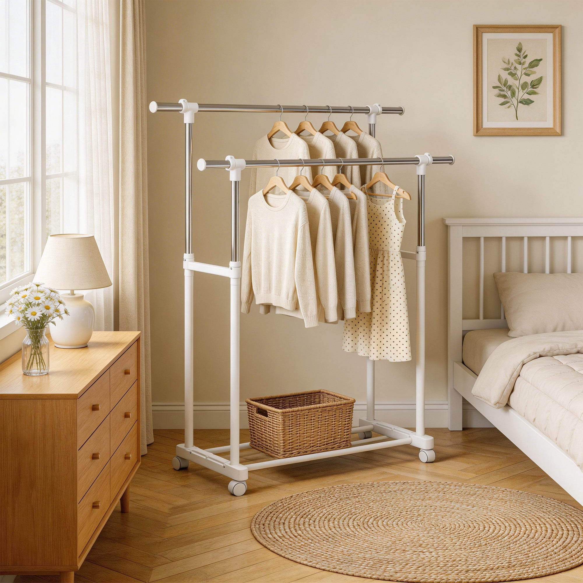 GARITIN Clothes Rack, Double Rods Rolling Clothing Rack, Portable Garment Rack with Wheels, Adjustable Height & Width, for Bedroom Laundry Room, White