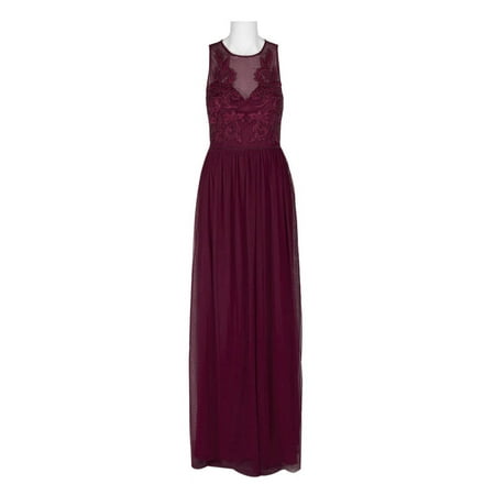 Adrianna Papell Crew Neck Sleeveless Illusion Ruched Keyhole Back Embroidered Mesh Dress-CABERNET / 16