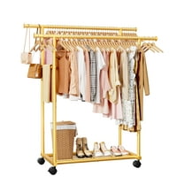 Sakugi Clothes Rack with Double Hanging Rods and Bottom Shelf, Rolling Metal Garment Rack for Bedroom Closet Storage, 38.5" x 16.9" x 59.1", Gold