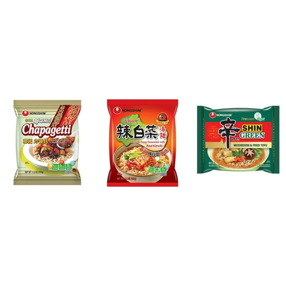 3 Pack Korean NongShim Gourmet Spicy Shin Instant Ramen Noodle, 3 Flavors(chapagetti,kimchi,shin Green) Plus NineChef Brand Long Handle Coffee Spoon