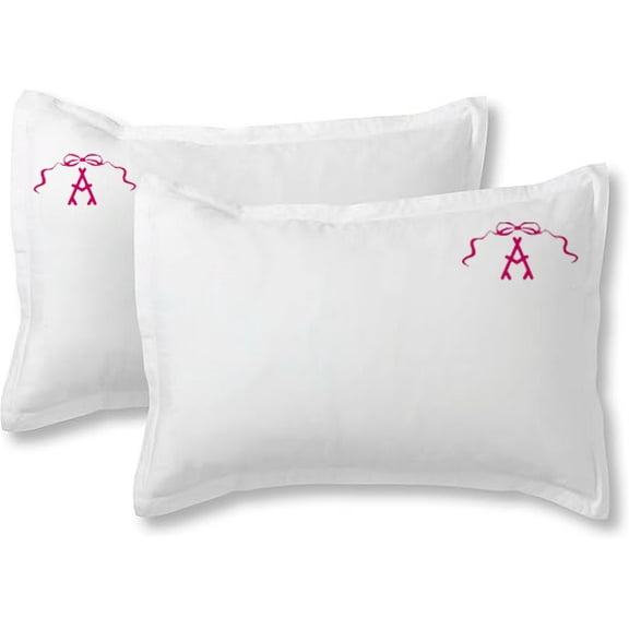 Highcaliberbeddings White 100% Cotton Percale Pillow Sham Applique Monogram (A) in Hot Pink - US Standard Size 20" x 26"(2 Pcs) - 400 threadcount