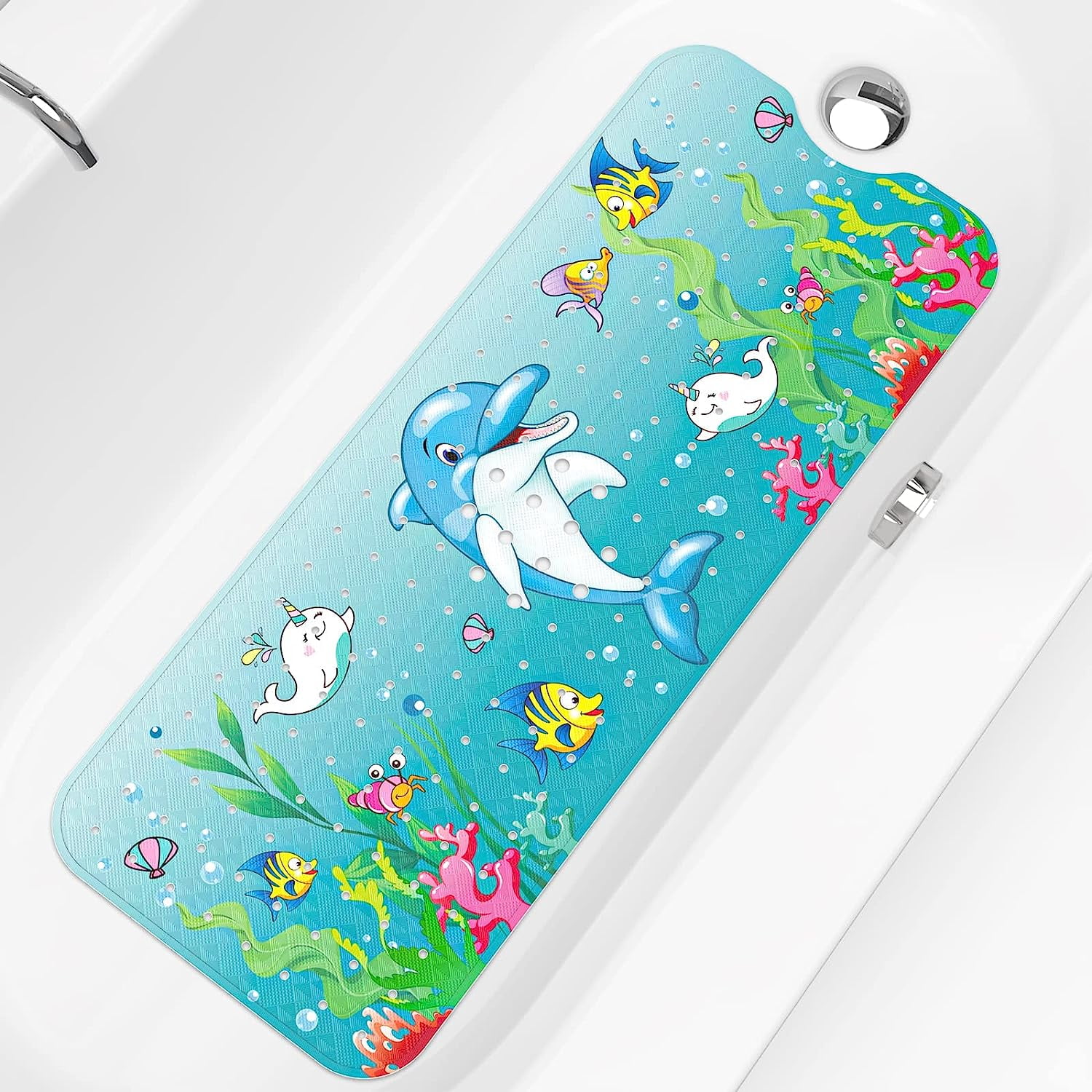 Kids Bath Mat for Tub, 40"x 16" Bathtub Mat Non Slip, Cartoon Bath Tub Shower Mat Anti Slip with Drain Holes and Suction Cups Machine Washable