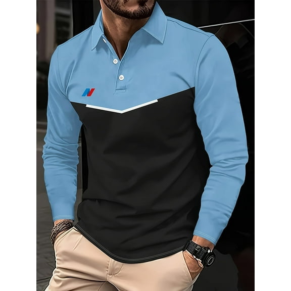 Men's Polo Shirts Long Sleeve Casual Polo T Shirt Color Block Slim Fit Golf Shirts with Pocket Blue L
