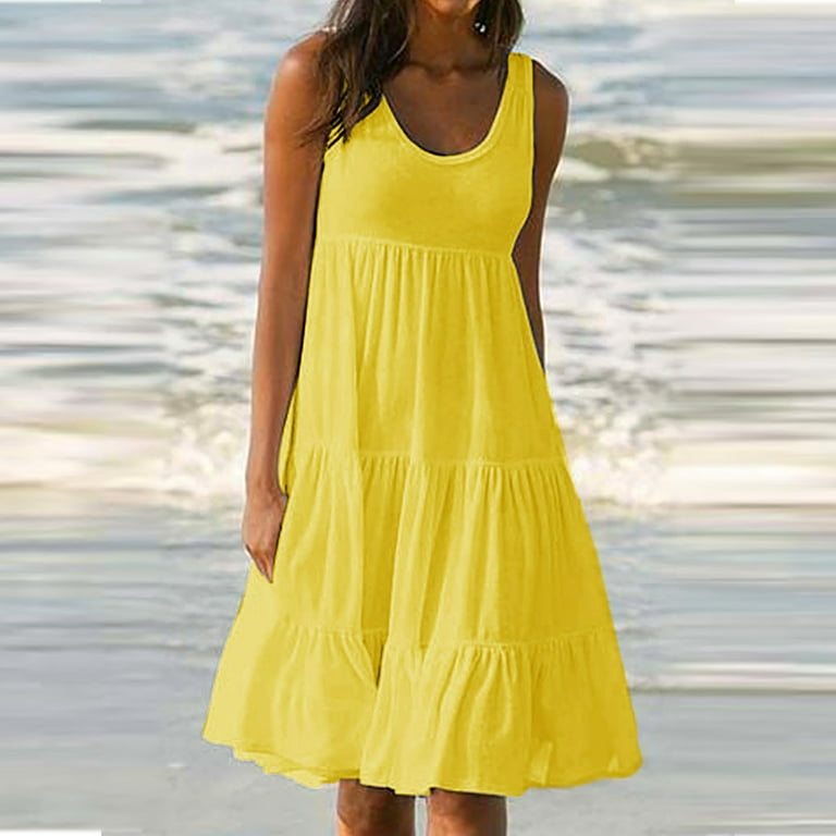 Boho Dress for Womens Summer Dresses Casual Crewneck Solid Color Dress  Beach Vacation Sundresses Flowy Swing Dress Outlet Deals Overstock Clearance  Oferta Relampago #33 