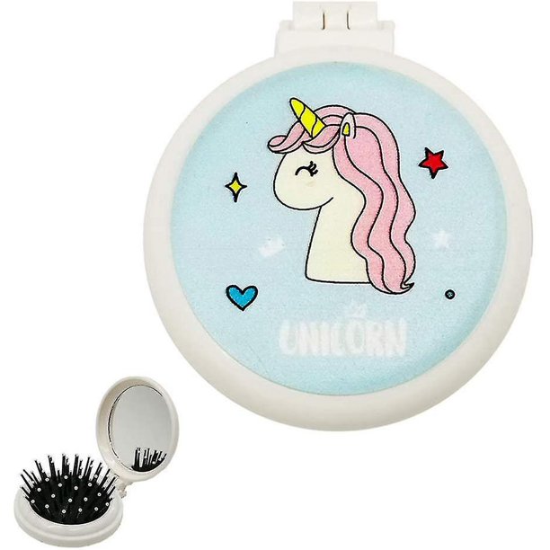 Cepillo de pelo plegable, mini cepillo de pelo lindo del unicornio con el nilón compacto redondo del espejo
