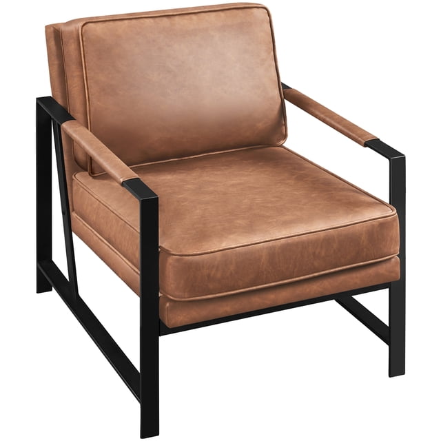 Yaheetech Fauteuil d'Appoint Rétro Rembourré en Similicuir avec Coussin de Dossier, Brun Clair