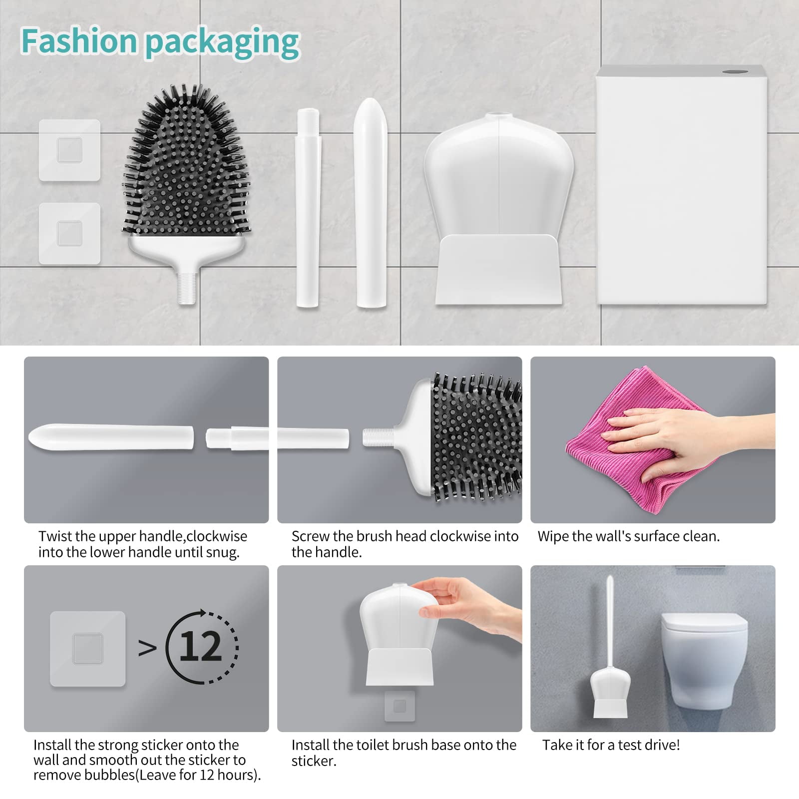 AYAOQIANG 2 Pack Toilet Brush with Ventilated Drying Holder, Silicone Toilet Bowl Brush Bathroom Cleaning Bowl Brush Kit Sturdy Cleaning Toilet Brush White
