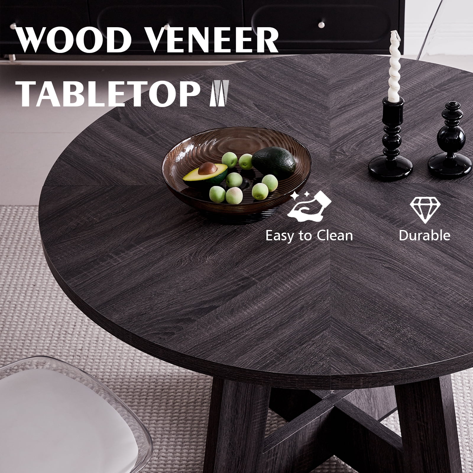 47 inch Round Dining Table, Farmhouse Circle Kitchen Table, Large Wood Dinner Table for 4, Wooden Pedestal Dinning Table for Dining Room, Mid Century Modern Style, Gray
