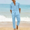 thumbnail image 2 of BinBiL Men 2 Piece Linen Outfit Beach Button Down Shirt Casual Loose Pant Sets Sky Blue M(M), 2 of 8