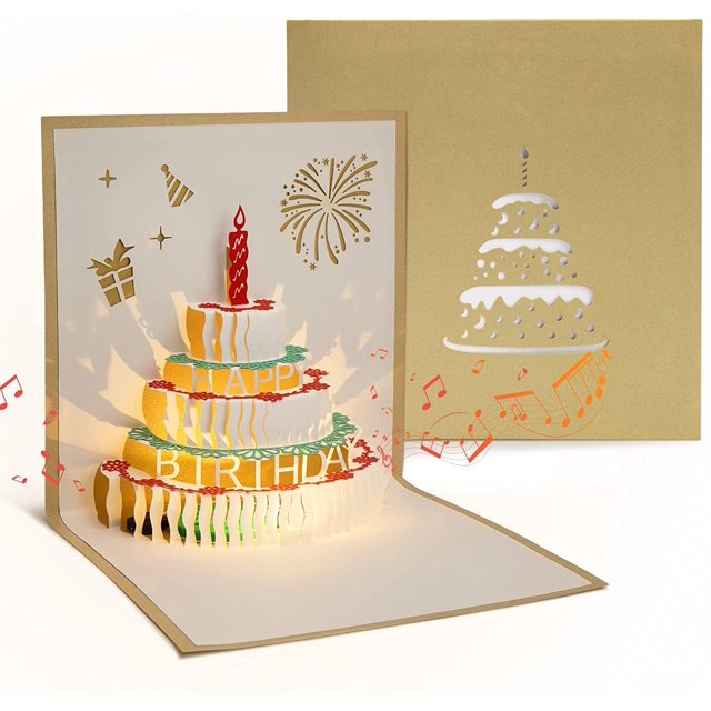 Tarjeta de felicitación de cumpleaños dorada para mujer con música y luces, invitación de cumpleaños para niña, tarjeta emergente 3D con sobre Sincero Electrónica