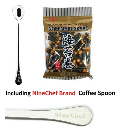 NineChef Spoon Plus JFC J-Basket Rice Crackers Wrapped in Seaweed Nori Maki Arare 3 Oz. PLus 1 NineChef Brand Long Handle Spoon