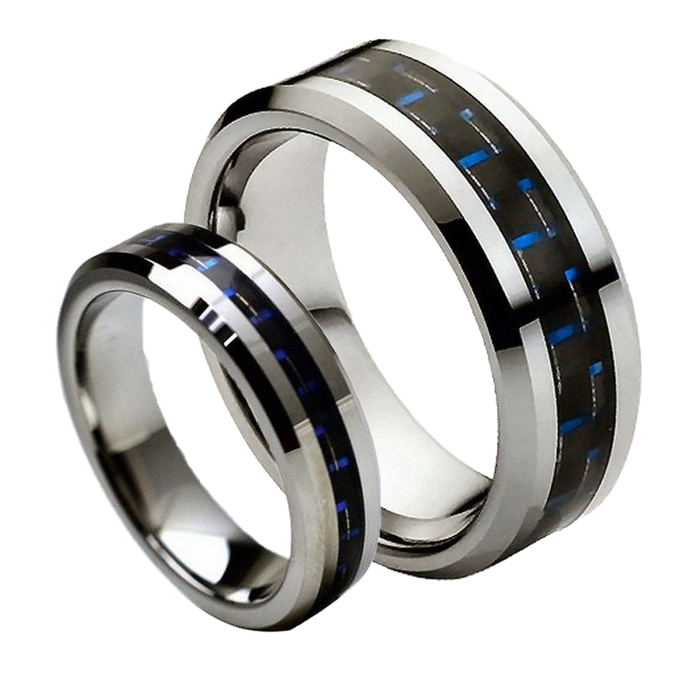 8MM Men or 6MM Ladies Tungsten Carbide Blue Carbon Fiber Wedding Band Ring Set 