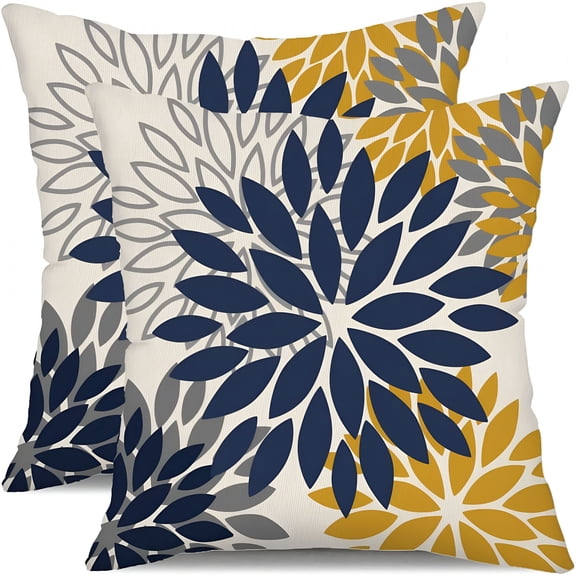 AUQ 2026 New Blue Yellow Flower Pillow Covers 18X18" Set of 2 Outdoor Throw Pillows Waterproof Decor for Living Room Sofa Patio Furniture Garden Floral Polyester Pillow Covers