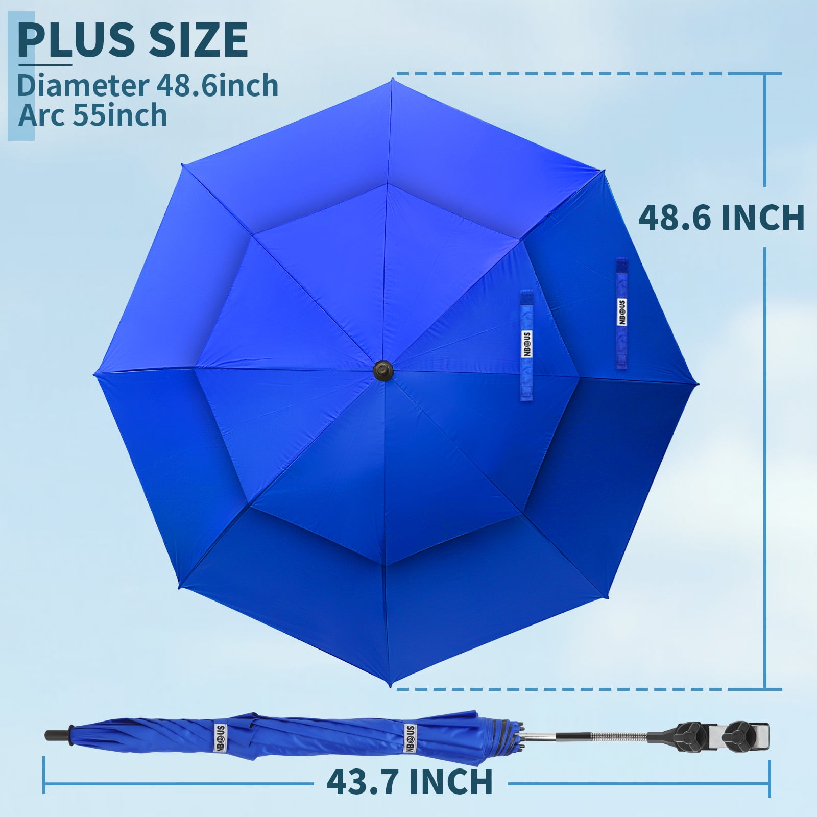 2 Pack 48.6" Double Canopy Umbrella with Clamp, UPF50+ Beach Chair Umbrella with clip, 360°Adjustable Portable Outdoor Wheelchair, Patio, Golf Carts,Camping(Blue, Not Include Chair)