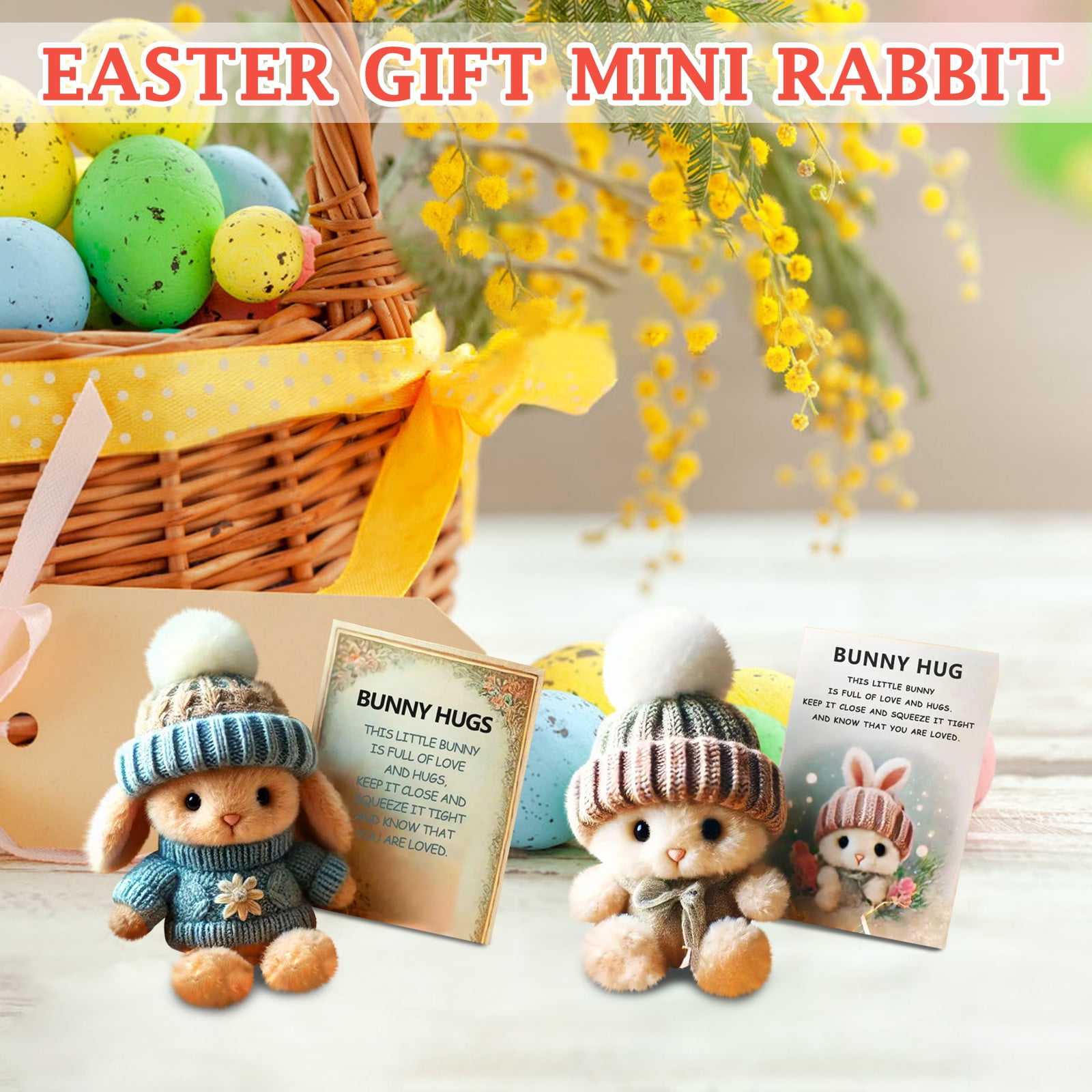 2pc Mini Bunny Hug Cute Easter Gift Plush 2025 Bunny in a Box Hugs Positive Bunny Stuffed Animal Rabbit Soft Floppy Easter Ideas Bunnies Basket Stuffers Doll Emotional Support Inspirational Gifts