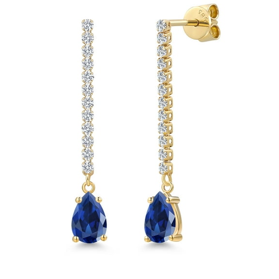 14K Yellow Gold Blue Created Sapphire and White Lab Grown Diamond Long Liner Dangle Earrings for Women | 2.36 Cttw | Gemstone September Birthstone | Pear Shape 7X5MM | White Gold Chain Drop Earrings