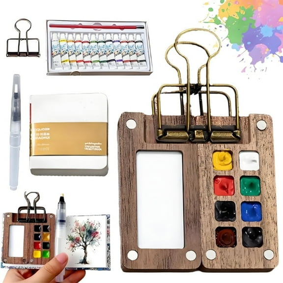 Mini Watercolor Kit , Portable Wooden Grid Paint Bo for Artists, Students & Travel,Pocket-Sized Travel Water Color Set with Contains Pigments
