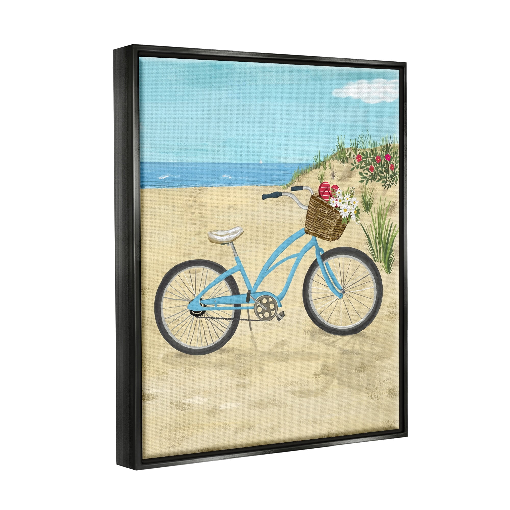 Stupell Industries Blue Bicycle Flower Blossom Basket Beach Sand Painting Jet Black Floating Framed Canvas Print Wall Art, Design by Sharon Lee