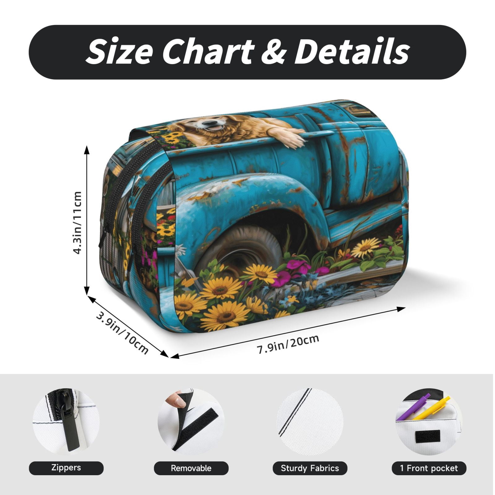 Rateoe Vintage Pickup Sunflower Dog Pattern Double Clamshell Pen Case, Storage Organizer with Two Zipper Compartments– Holds Up to 50 Pencils & Pens
