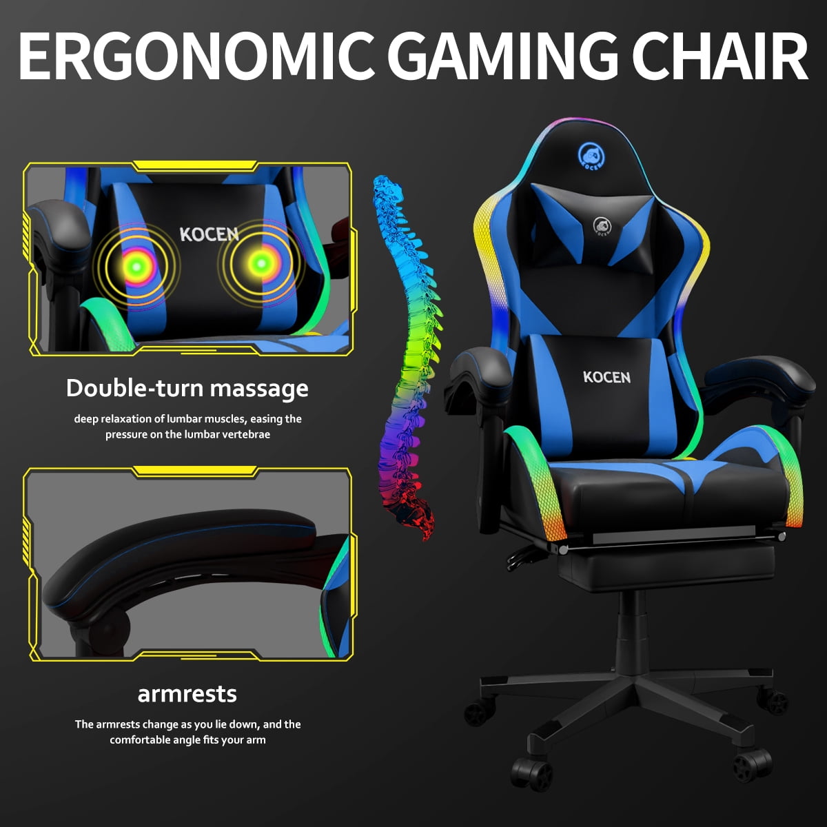 KOCEN Tall and large adult Gaming Chair , Racing Style RGB LED Light Adult Gaming Chairs, Equipped With Lumbar Massager, High Back Adjustable Recliner, With Footrest AndHeadrest.