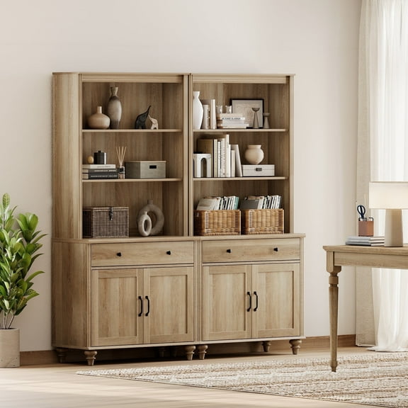 WAMPAT Farmhouse 5 Tier Bookcase 72" Tall Bookshelf with Doors, Large Display Book Shelf with 2 Drawers and Storage Cabinet, Library Wood Bookshelves for Living Room, Bedroom, Office, Oak (2PCS)