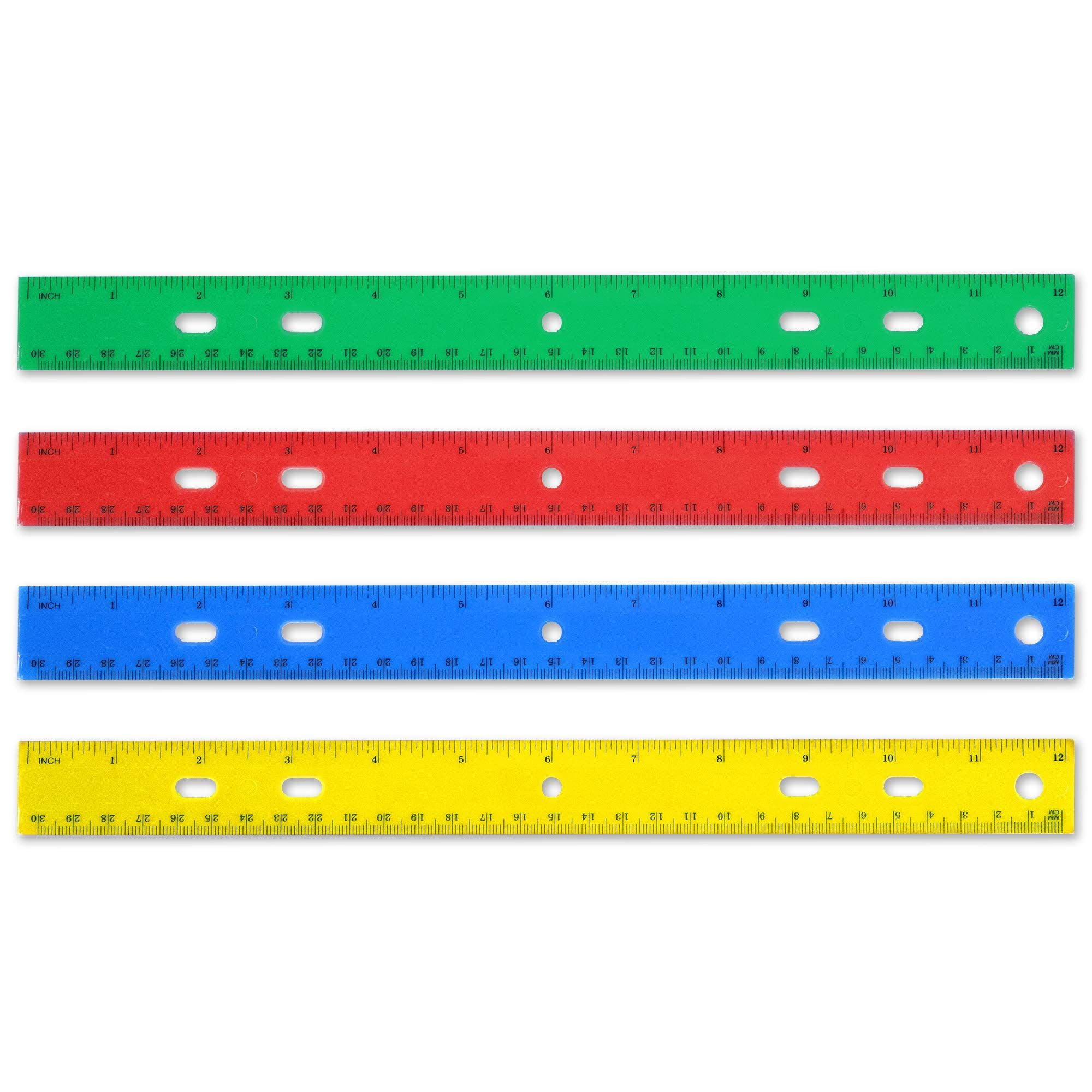 100 Pack of Bulk Wholesale Plastic 12"L Metric Rulers in Red, Yellow, Blue and Green - 100 Count of Plastic 12"L Metric Rulers