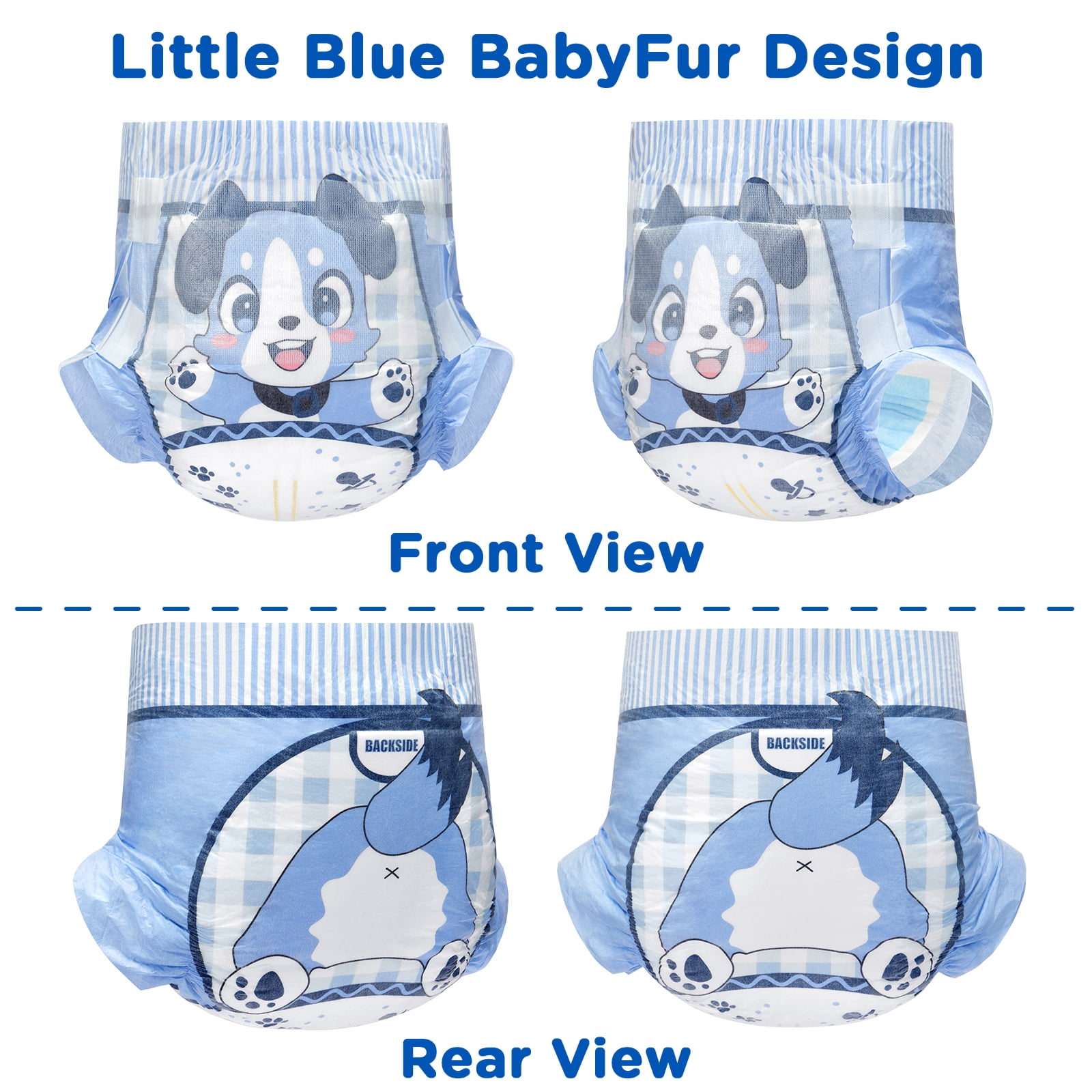 Littleforbig Adjustable Hook-and-Loop Fastener Closure Adult Printed Cloth Back Diaper 80 Pieces (8 Packs) - Little Blue BabyFur (X-Large 48"-56")