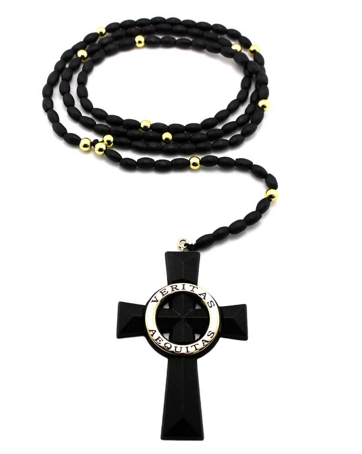NYFASHION101 Veritas Aequitas Cross Pendant 5mm 39 Wooden Rosary Necklace