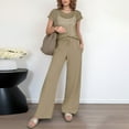 thumbnail image 2 of MDUKONU Women's 2-Piece Set - Sheer Mesh Grid Short Sleeve Top & Drawstring Wide Leg Pants Khaki M, 2 of 4