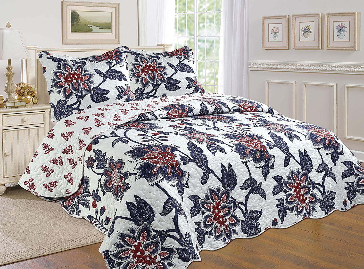 Details about   Mk Home 3pc King/California King Bedspread Quilted Print Floral White Brown Gree 