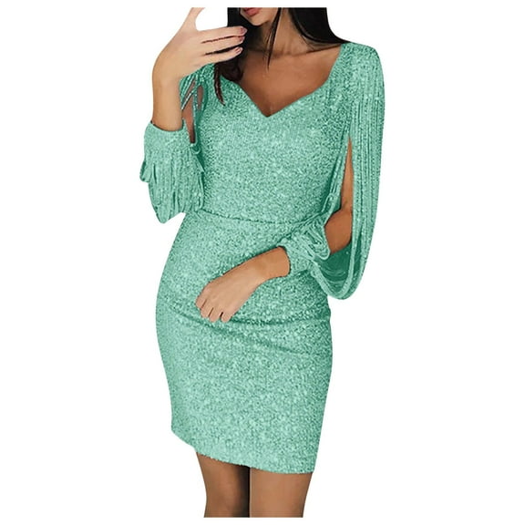 DHFJKG Women Sparkly Party Dress Solid Color Sequined Shiny Club Long Sleeve Bodycon Mini Dress V Neck Trendy Dresses