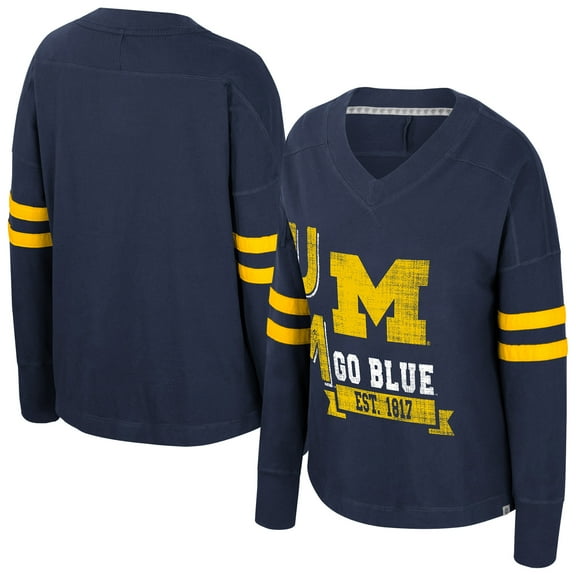 Women's Colosseum  Navy Michigan Wolverines Oversized Violet Distressed V-Neck Long Sleeve T-Shirt