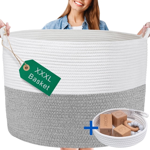 Cesta extragrande lavable de 24" x 17" para mantas, cesta de cuerda de algodón con asas para sala de estar, cesta tejida grande para guardar juguetes de bebé