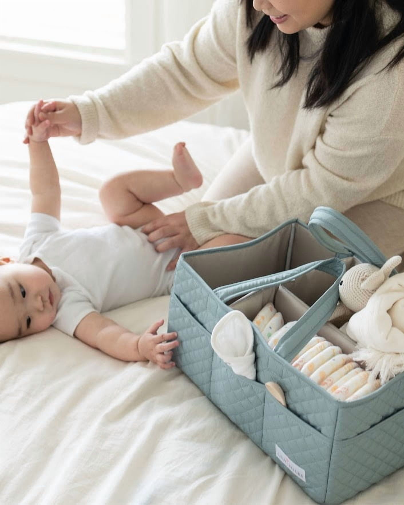 Lily Miles Baby Diaper Caddy Organizer, Quilted Nursery Storage Basket, Portable Changing Station Organizer, Willow Green