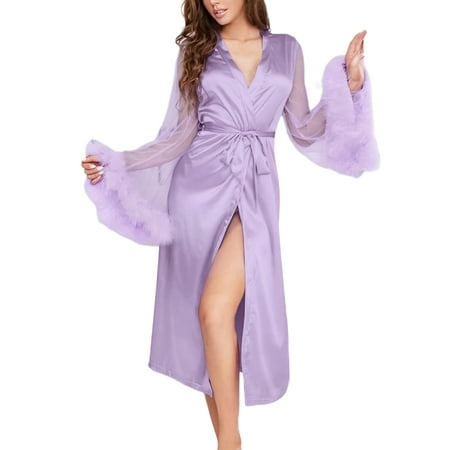 

Womens Short Satin Kimono Robes Silk Nightgown Pajamas Long Sleeve with Feather Trim Bridesmaid Robes Sleepwear