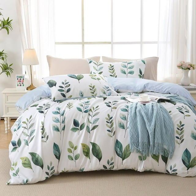 Duvet Cover Queen Size Reversible Floral Duvet Cover Set with Zipper Closure Pieces Botanical Patterns Soft Microfiber Bedding Set (&#;x Pillow Cases &#;×&#