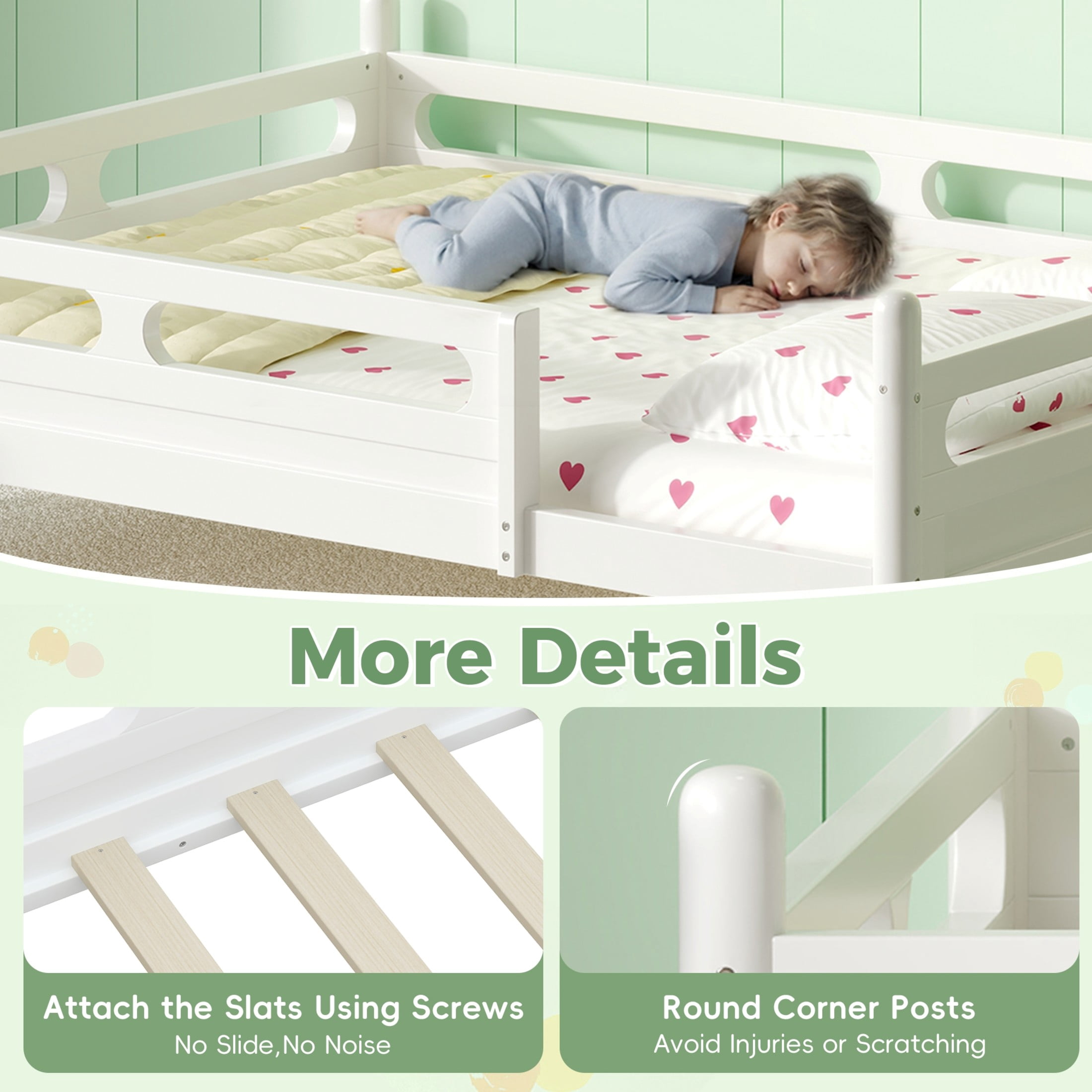 Noble House Twin Size Kids Bed Frame with Safety Rails, Low Profile Design & Slat Support, White