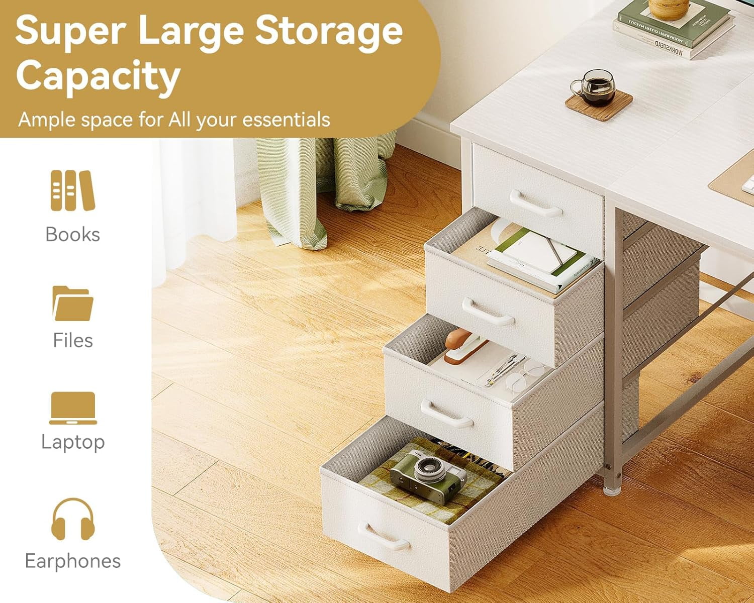 ZYPPP 55 Inch Computer Desk with 8 Fabric Drawers, Modern Office Desk with Large Storage for Home Office, Study, Gaming, White