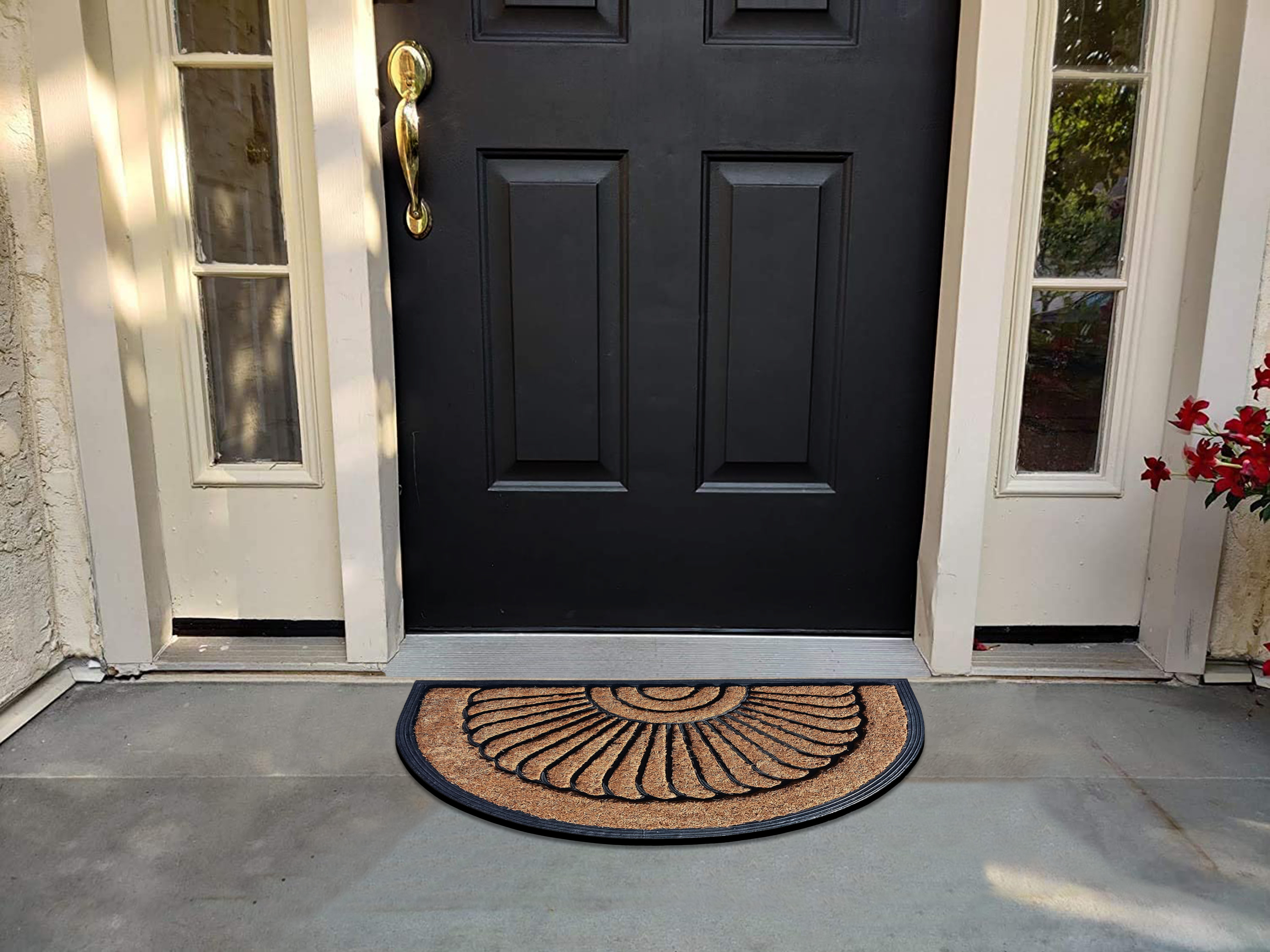 A1HC Natural Coir & Rubber Half Round Door Mat 18x30 Inches Thick Durable Doormats for Entrance Heavy Duty, Long Lasting Front Entry Doormat, Sunburst Black