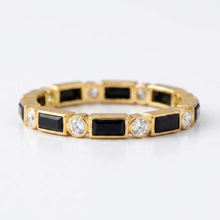 Baguette Cut Black Onyx And Diamond Full Eternity Band Ring, Dual Birthstone Engagement Ring, Minimalist Alternative Promise Ring, Handmade Jewelry