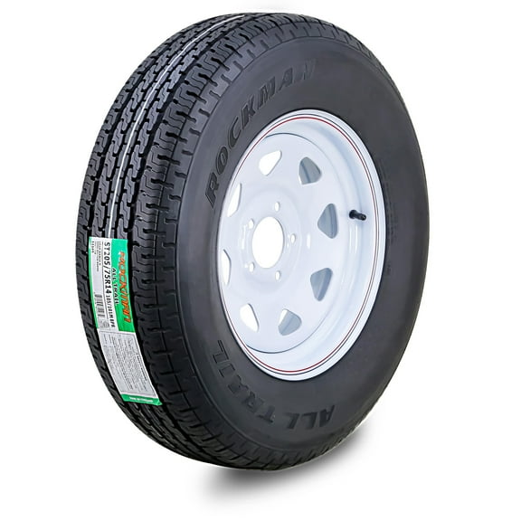 ROCKMAN Trailer Tire Wheel Assembly ST205/75R14 8-Ply D 105M 5 Lug on 4.5" PCD White Spoke Rim