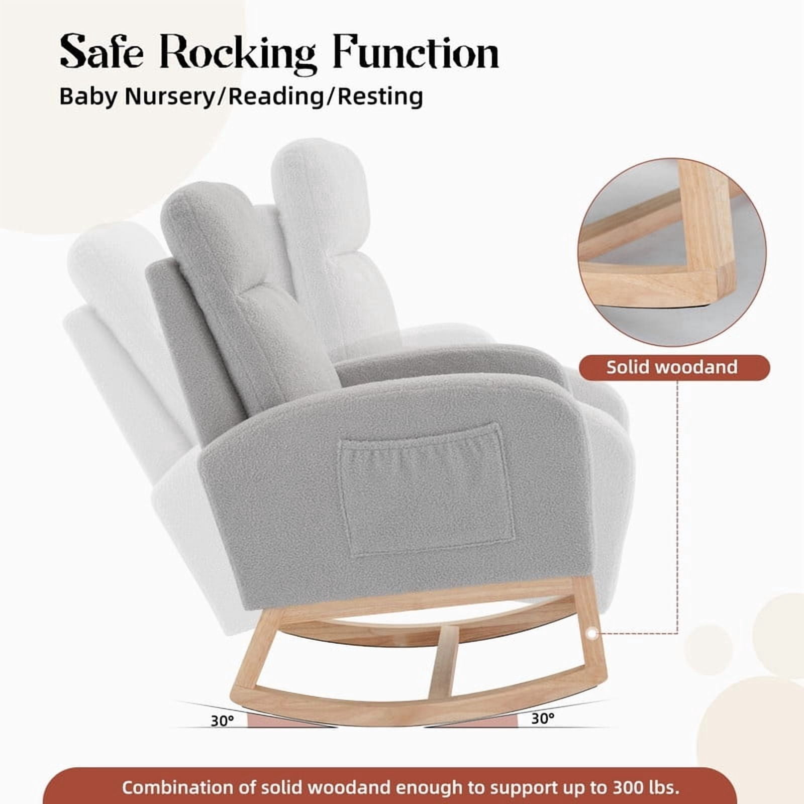 TROPOW Nursing Rocking Chair, Modern Upholstered Glider Rocker with High Back & Side Pocket for Nursery, Breastfeeding, Living Room & Bedroom