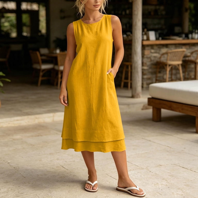 midi tank dresses for women Asgosdo Dresses for Women Sleeveless Solid Color Tiered Loose Fit Soft Comfy Midi Tank Dress with Pocket, Women's, Size: Large, Orange
