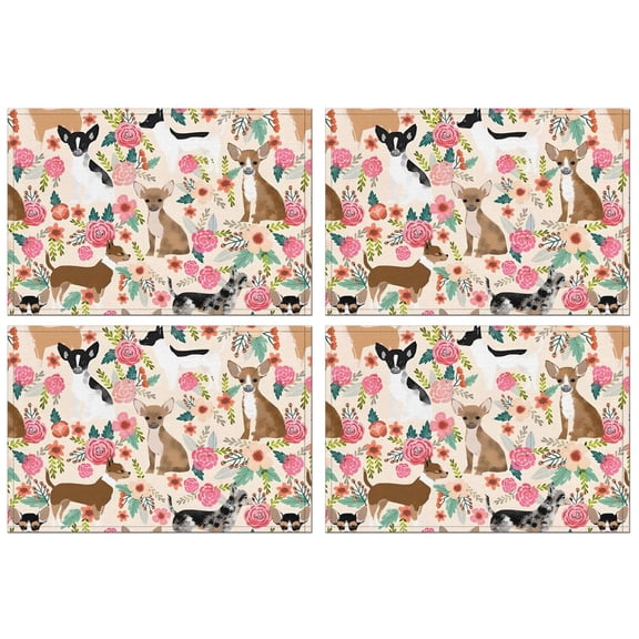 Chihuahua Dog and Flower Summer Placemats Table Placemats Set Of 4-Linen Kitchen Washable Placemats Table Mats 11.8"x17.7"Non-Slip Heat Resistant