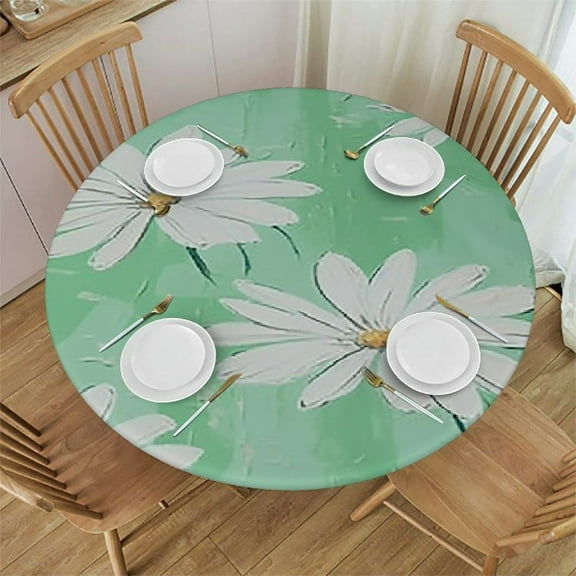 Creowell Round Tablecloth, Waterproof, Elastic Edge, Backing, Plastic Table Cloth Fit Round Tables for Patio, Picnic, Outdoor, Green Daisy 31-35