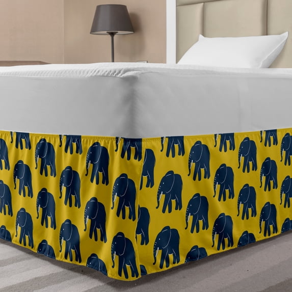 Animals Bed Skirt, Blue Elephant Patterns African Style Snouts and Horns, Elastic Bedskirt Dust Ruffle Wrap Around for Bedding Decor, 4 Sizes, Dark Blue Earth Yellow, by Ambesonne