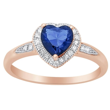 Blue Sapphire Heart Shape - Heart Shape Simulated Blue Sapphire & Cubic Zirconia Halo Promise Ring in 14k Rose Gold Over Sterling Silver Size Ring - 4