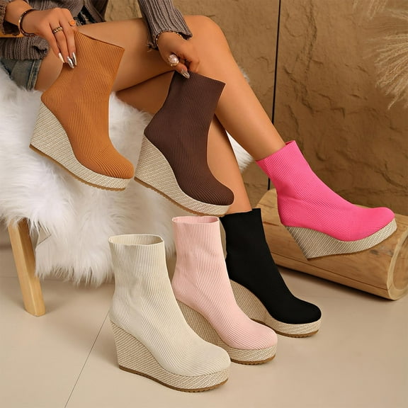 Miluxas Women's Mid Calf Boots Mesh Wedge Boot Mid Heel Wedges Comfortable Boots Hot Pink 9.5(43)