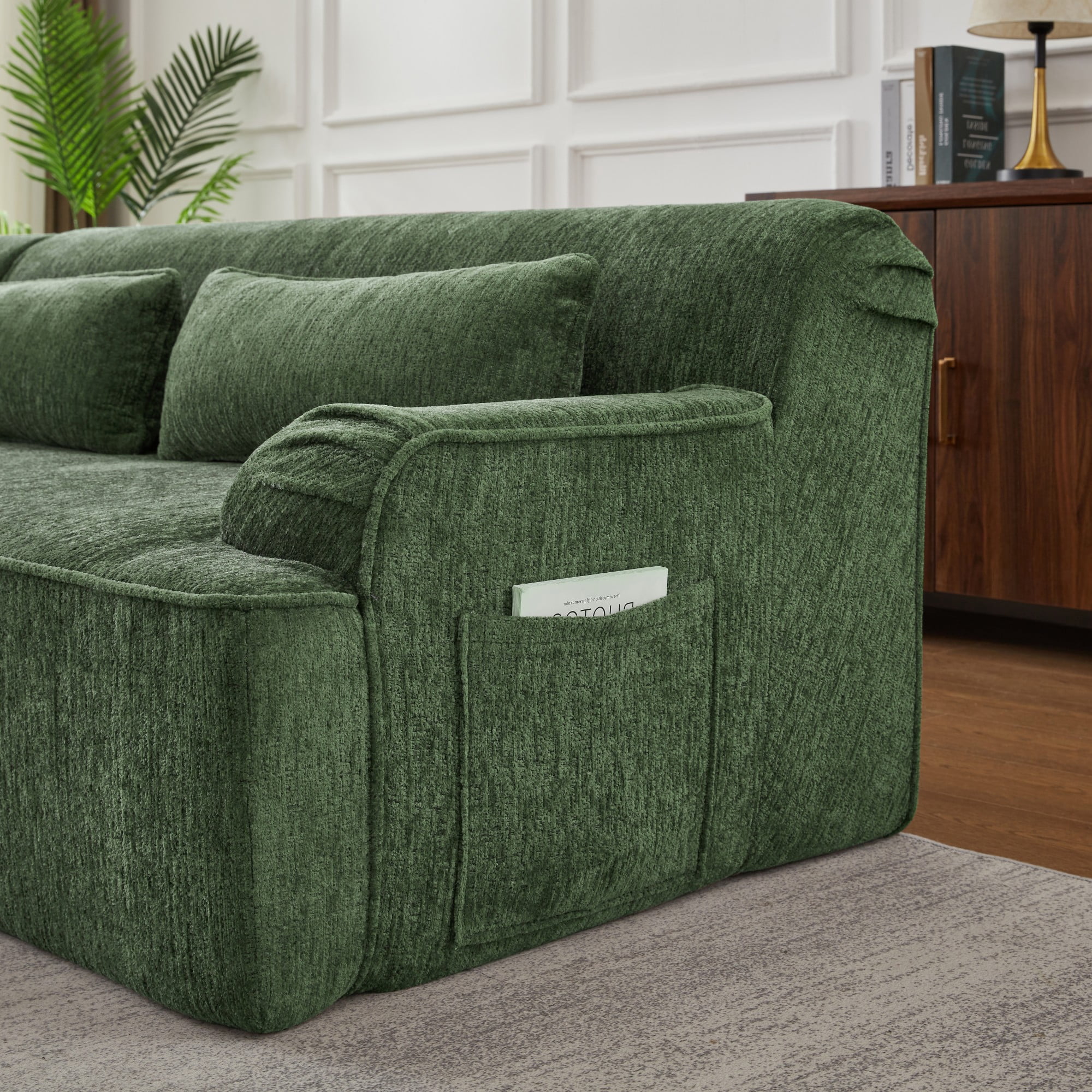 AENKYO Chenille L-Shaped Oversized Sectional Sofa, Minimalist Sleeper Couch for Living Room or Apartment, No Assembly Required (Green,Left-Facing Chaise)